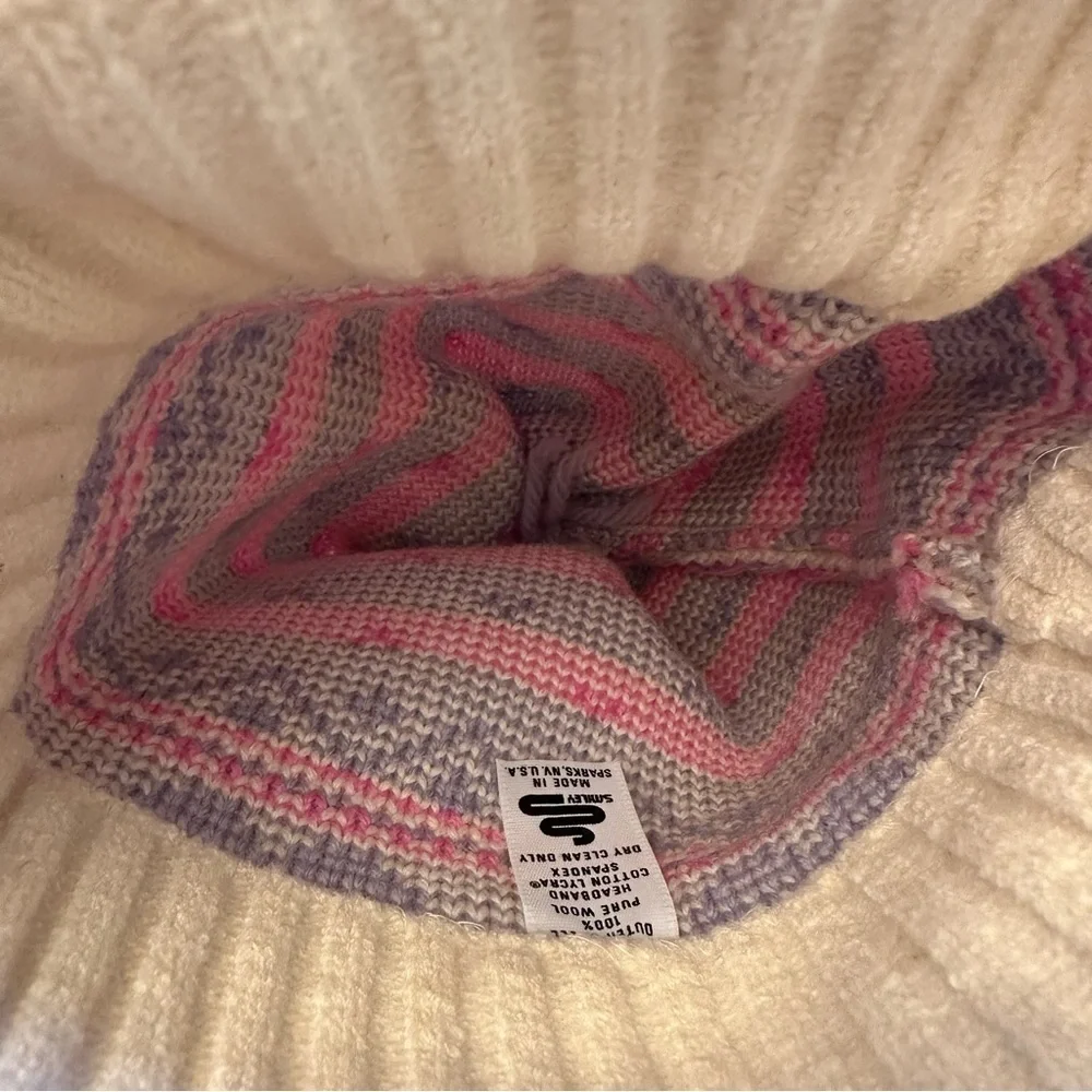 Vintage Smiley Wool Girls Purple Pink Heart Pom Pom Beanie Hat Made in USA